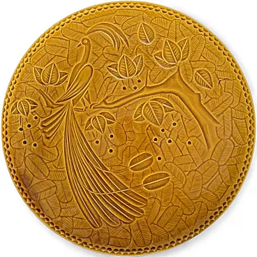 Brown ceramic dish with bird decoration, 1960s