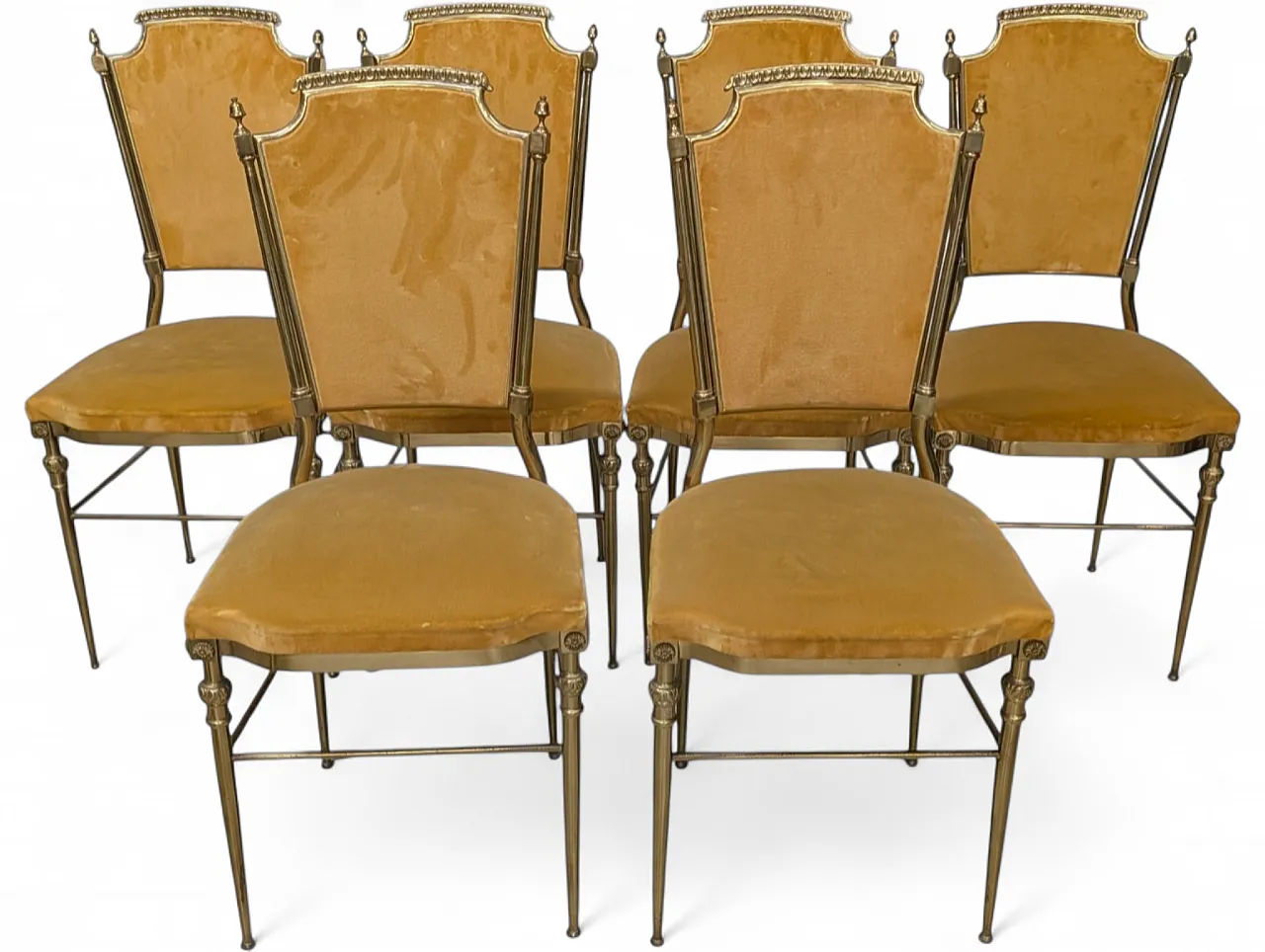 Set of 6 brass and mustard velvet chairs, 1960s 15