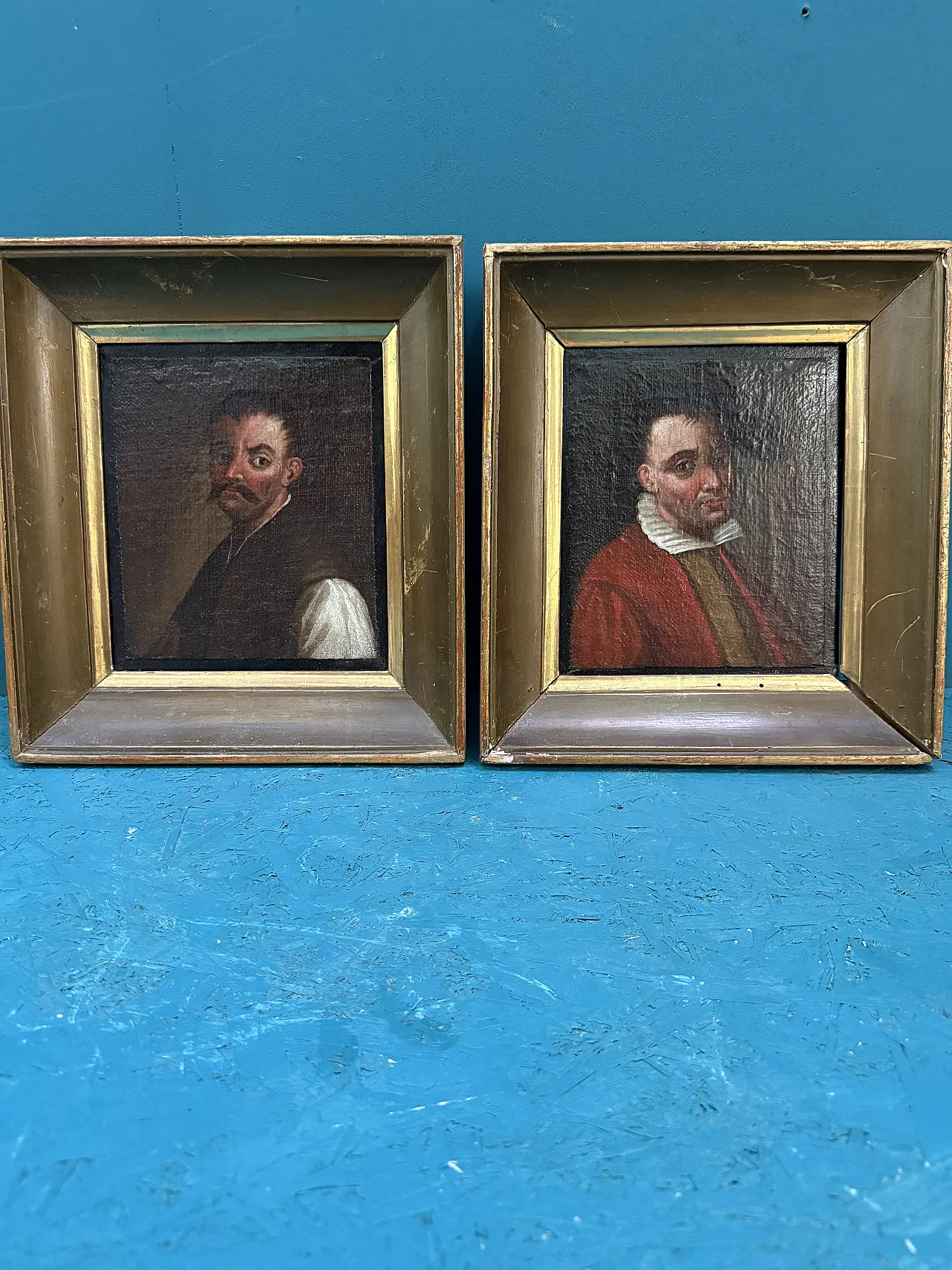 Antique pair of oil paintings on canvas of 19th century characters, 29x27cm 1