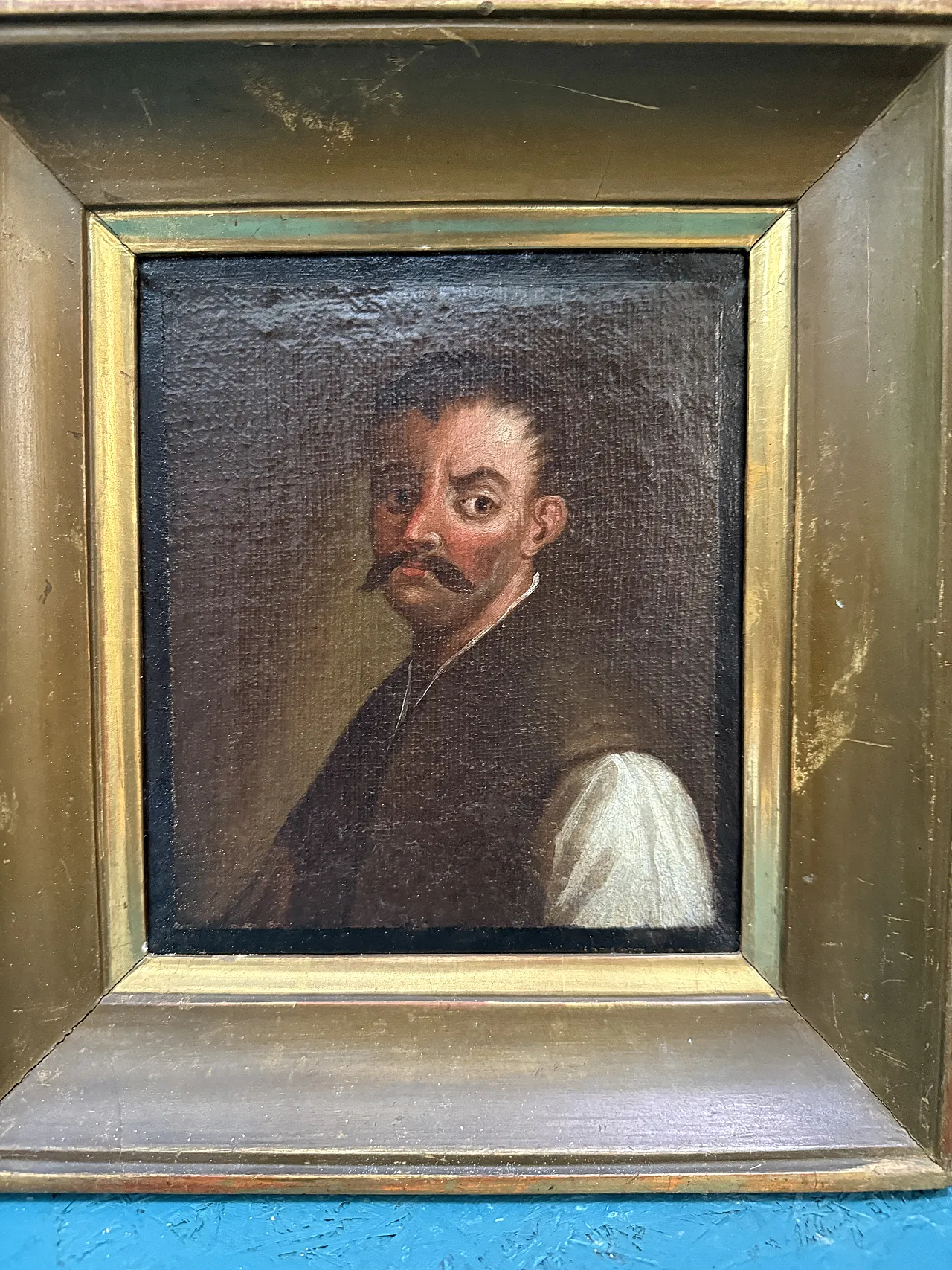 Antique pair of oil paintings on canvas of 19th century characters, 29x27cm 3
