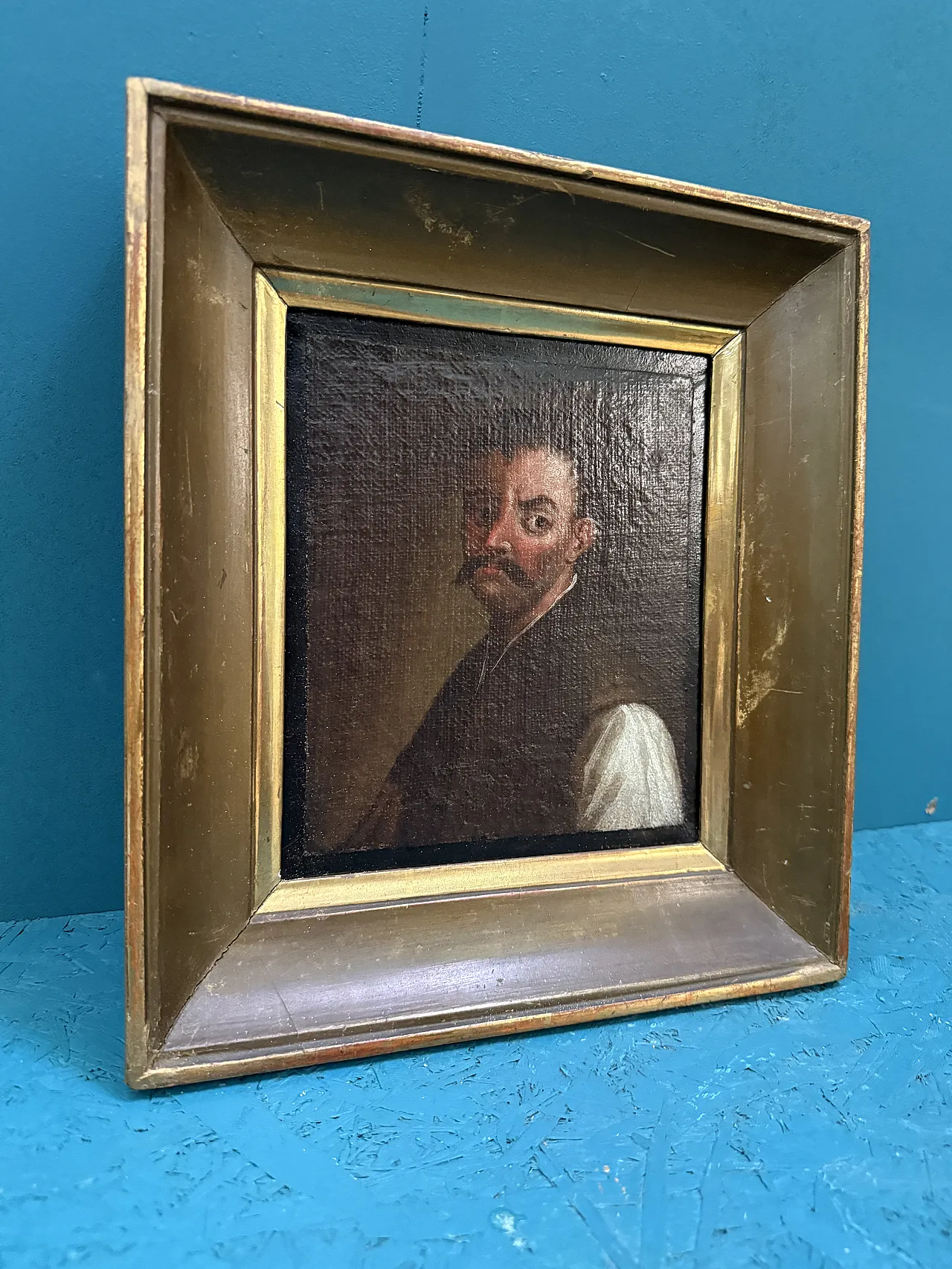 Antique pair of oil paintings on canvas of 19th century characters, 29x27cm 4