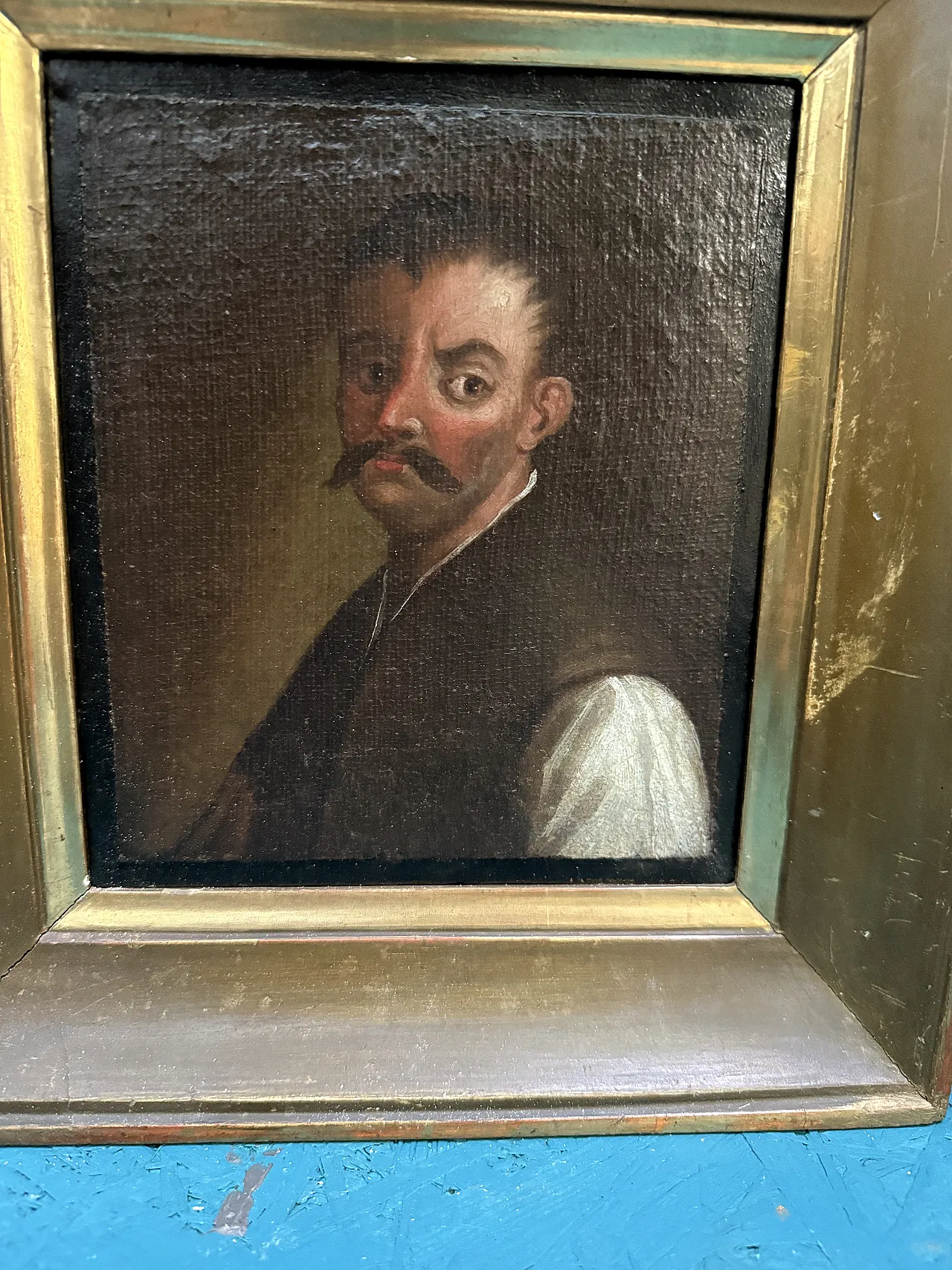 Antique pair of oil paintings on canvas of 19th century characters, 29x27cm 5