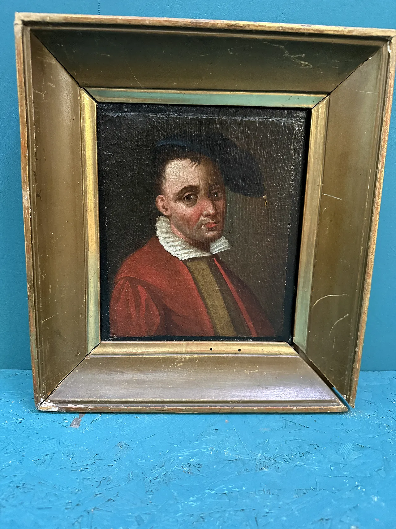 Antique pair of oil paintings on canvas of 19th century characters, 29x27cm 7