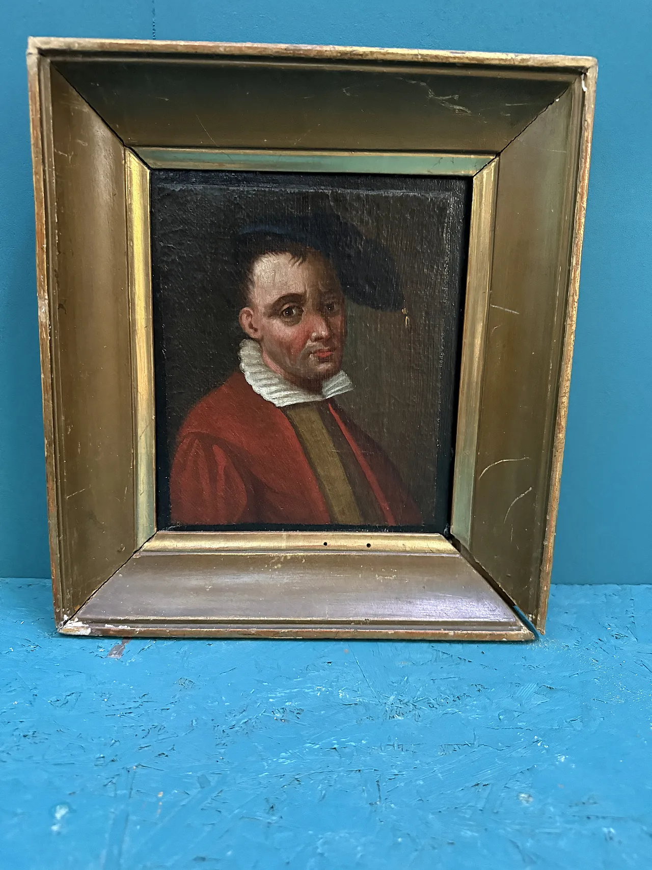Antique pair of oil paintings on canvas of 19th century characters, 29x27cm 8