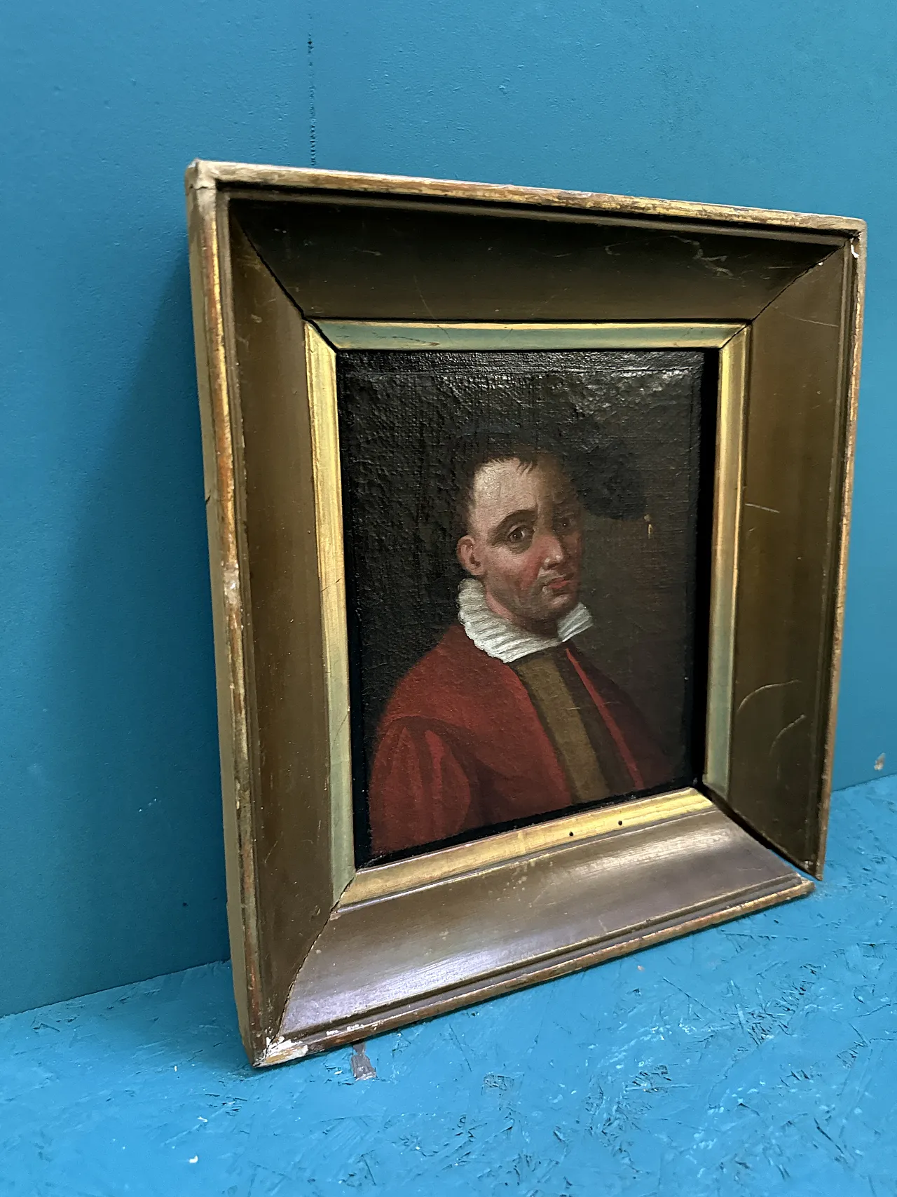 Antique pair of oil paintings on canvas of 19th century characters, 29x27cm 13