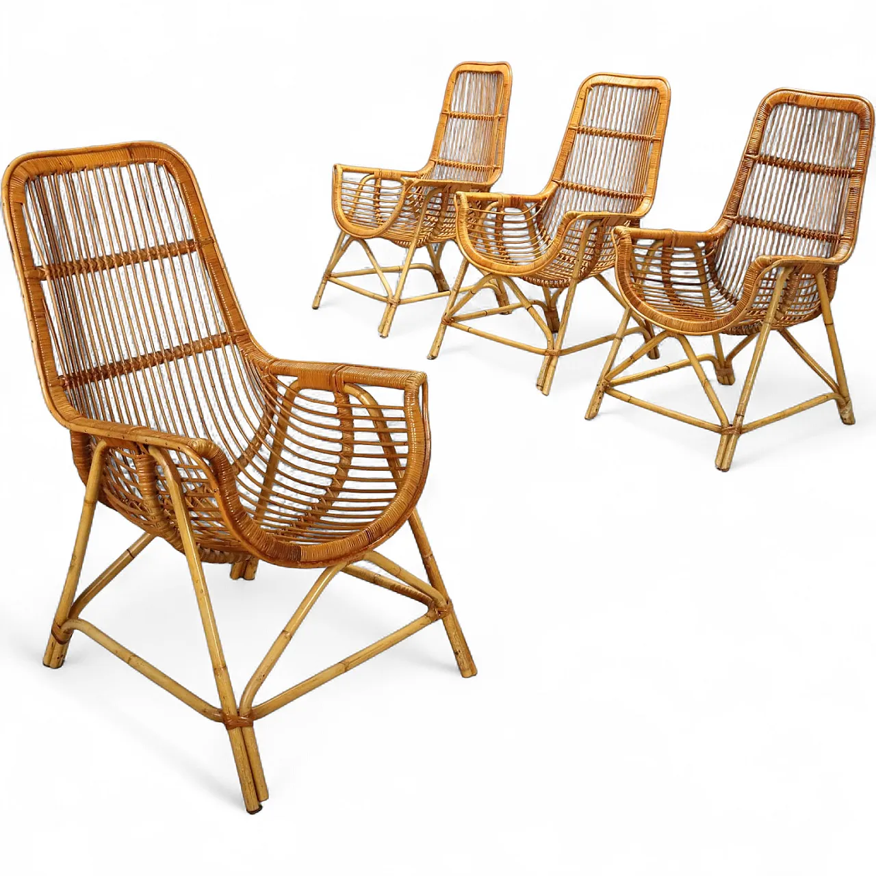 4 Rattan and bamboo armchairs, 1970s 9