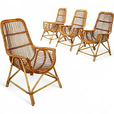 4 Rattan and bamboo armchairs, 1970s