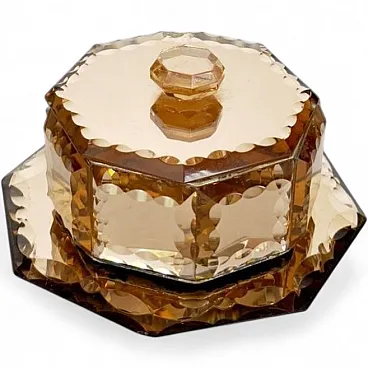 Pink-tinted glass box with saucer, Art Deco, 1940s