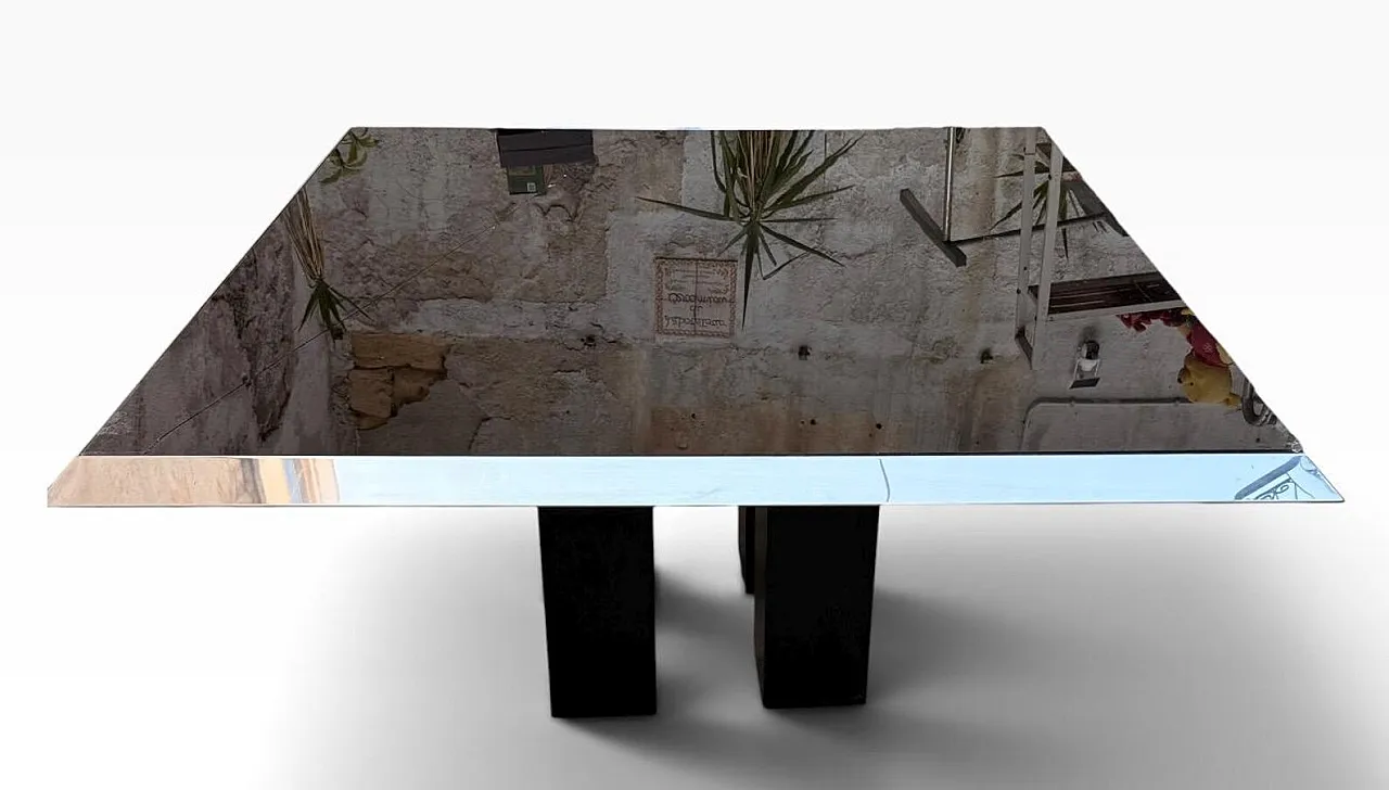 Chrome steel table, glass and wood, 1970s 1