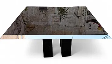 Chrome steel table, glass and wood, 1970s