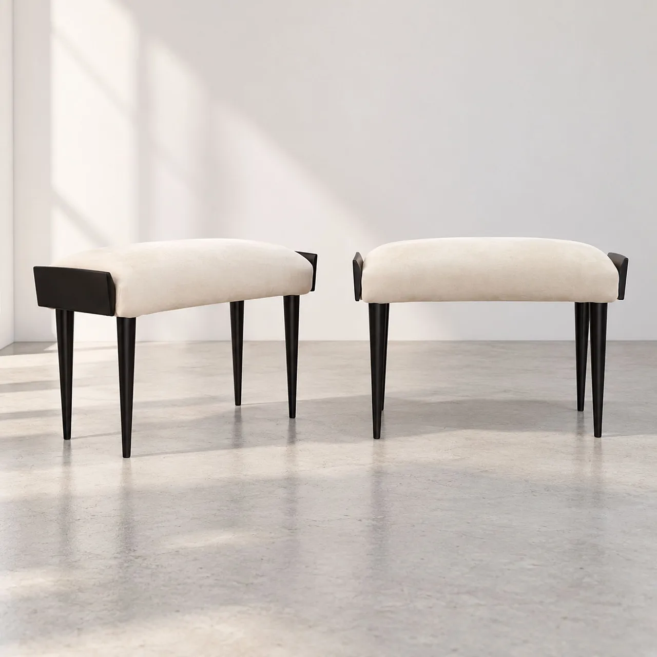 Pair of poufs in ebonized wood and velvet, Ico Parisi style, 1950s 2