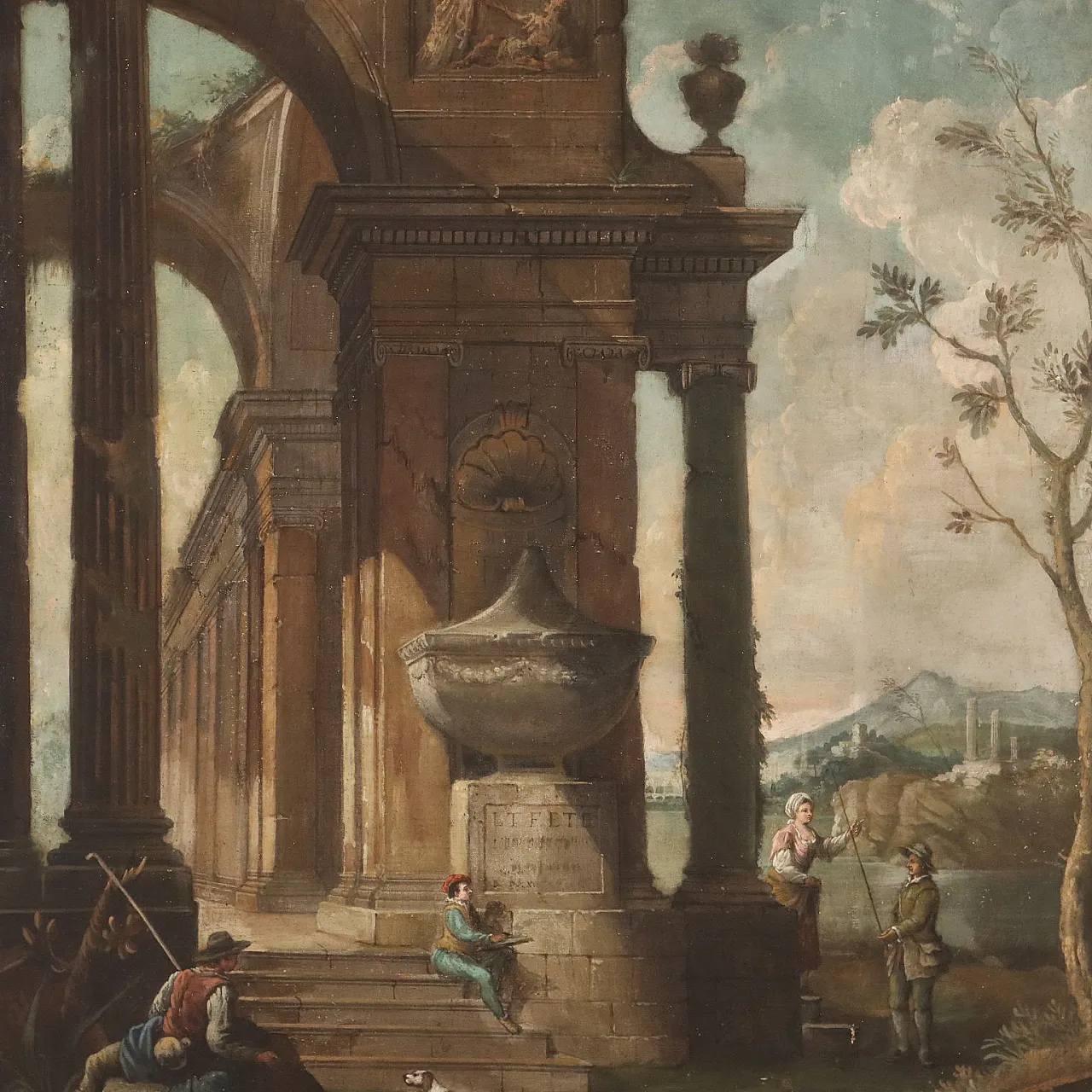 Architectural Capriccio with Figures, oil on canvas, 18th century 3