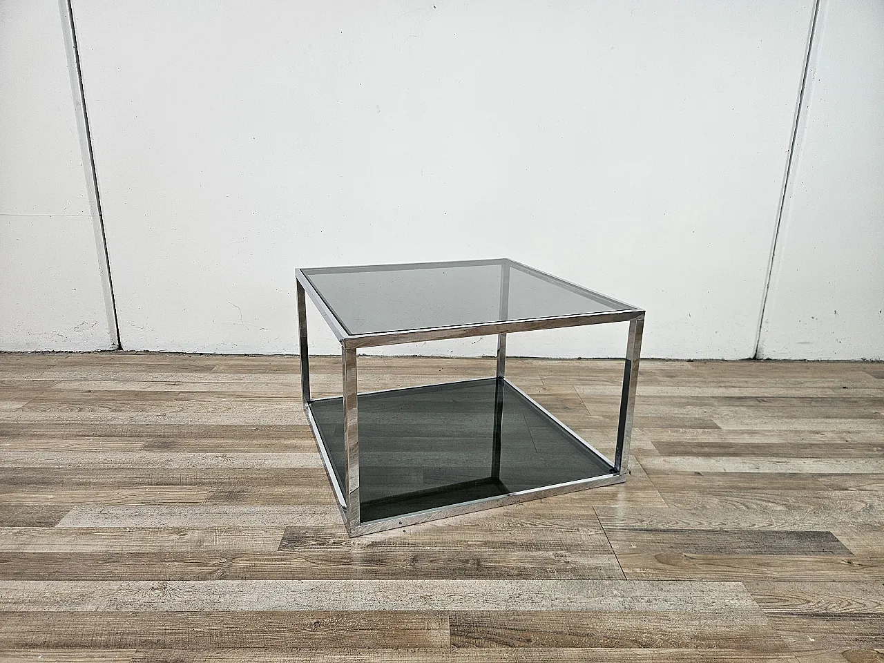 1970s steel coffee table with two smoked glass shelves 1