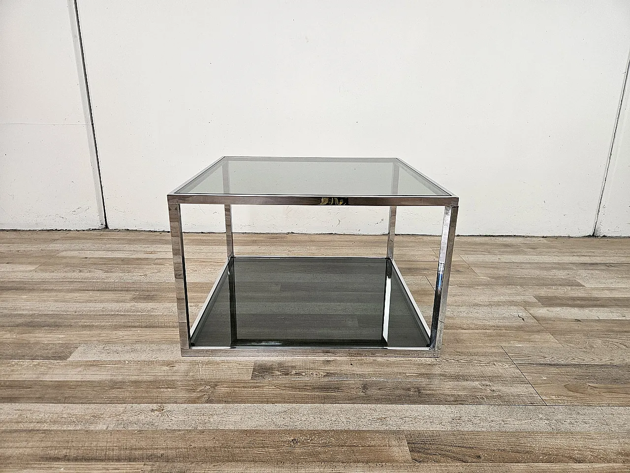 1970s steel coffee table with two smoked glass shelves 2