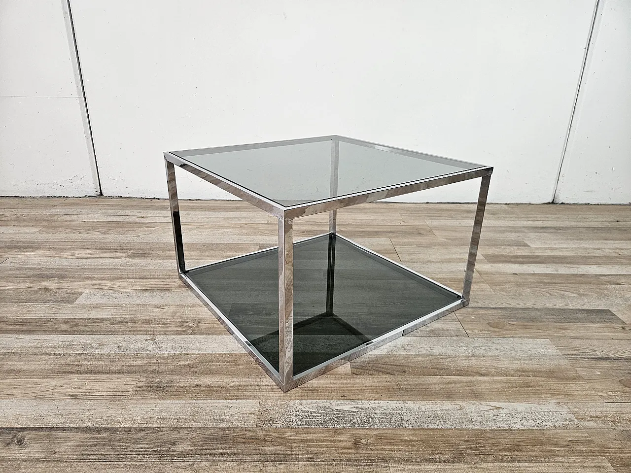 1970s steel coffee table with two smoked glass shelves 3