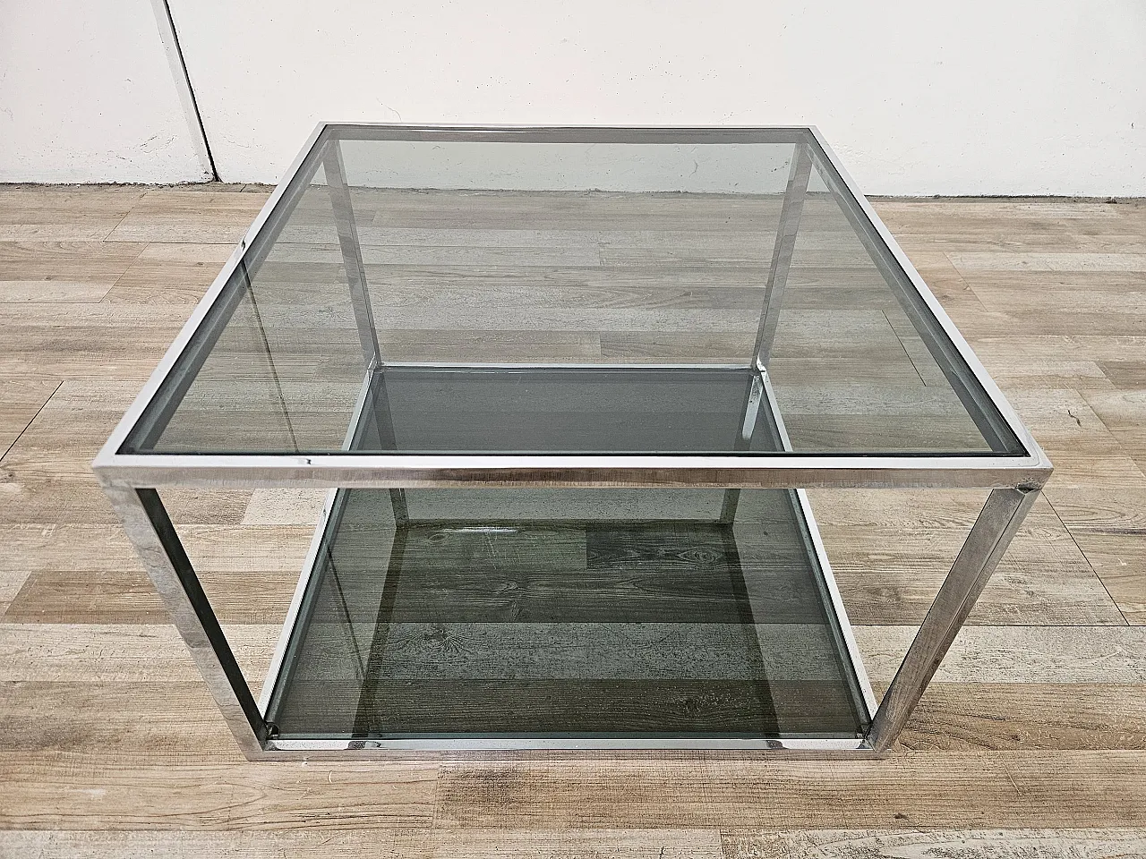 1970s steel coffee table with two smoked glass shelves 4