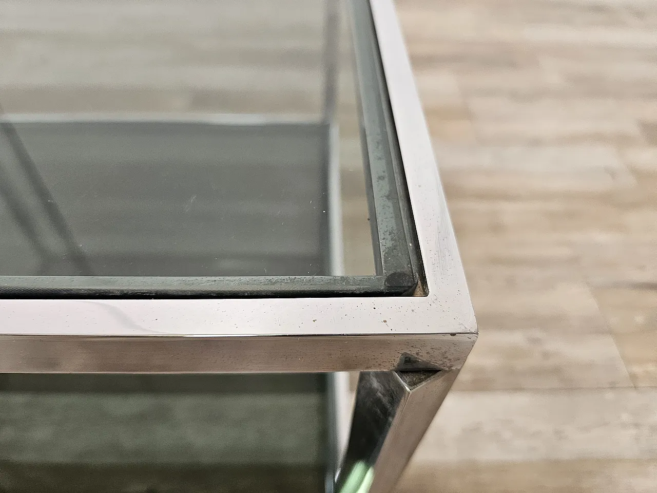 1970s steel coffee table with two smoked glass shelves 5