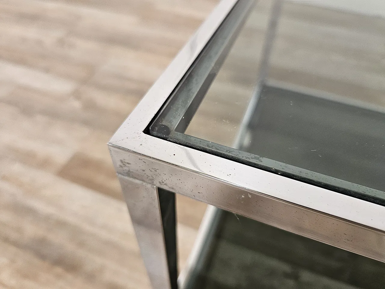 1970s steel coffee table with two smoked glass shelves 6