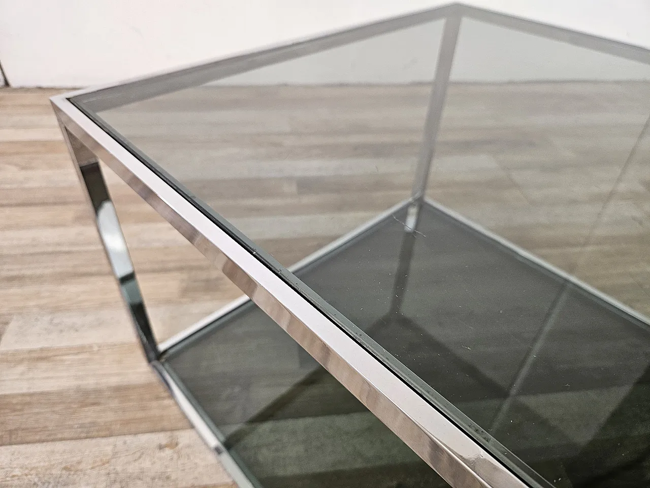1970s steel coffee table with two smoked glass shelves 7