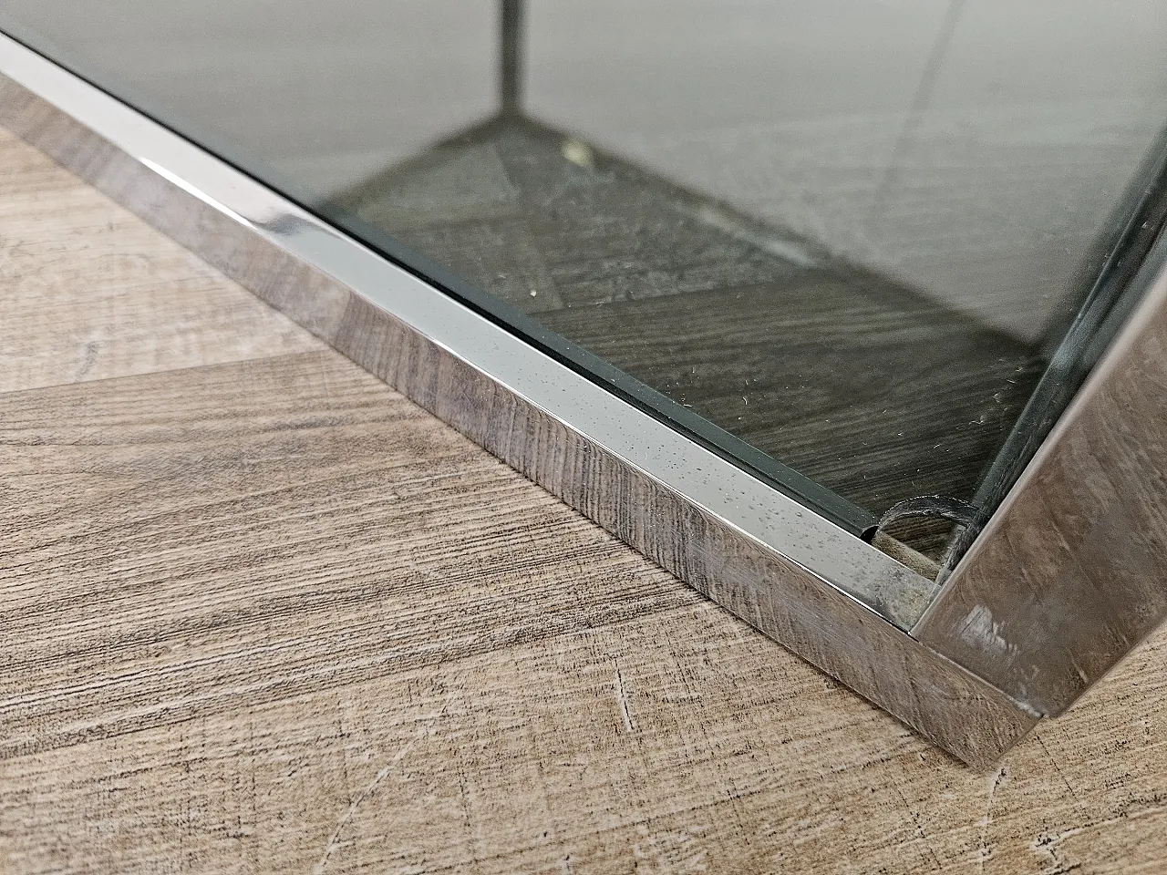 1970s steel coffee table with two smoked glass shelves 8