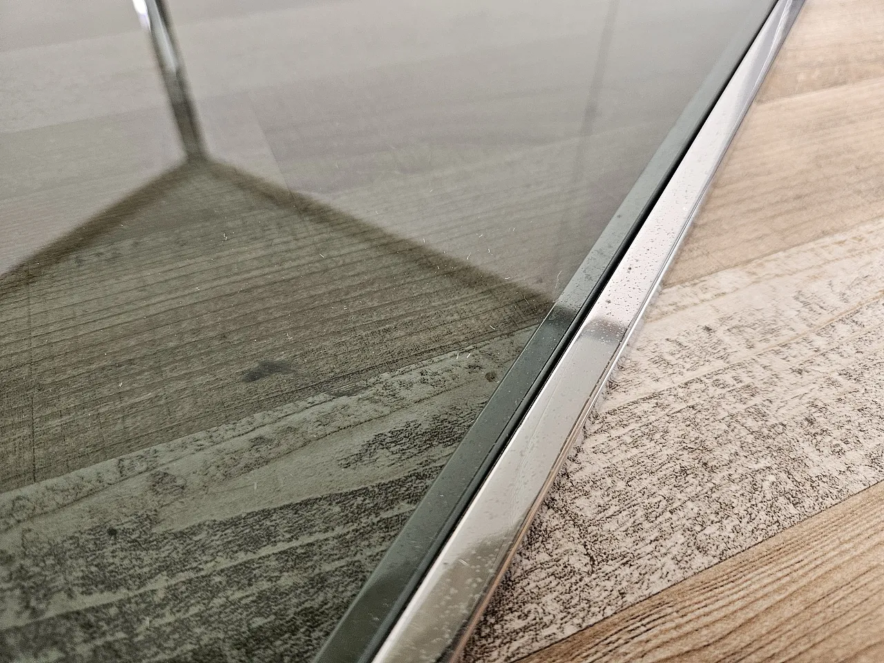 1970s steel coffee table with two smoked glass shelves 9