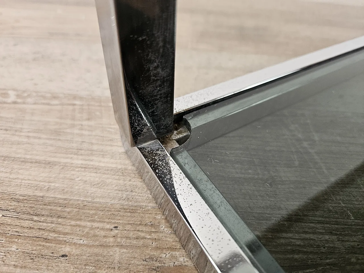 1970s steel coffee table with two smoked glass shelves 10