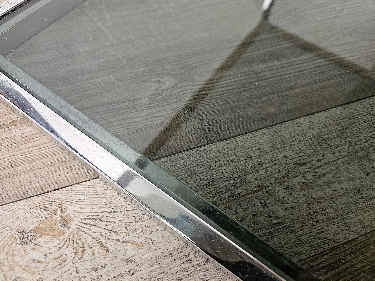1970s steel coffee table with two smoked glass shelves 11
