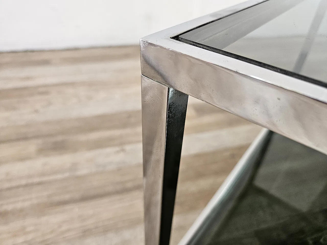 1970s steel coffee table with two smoked glass shelves 12