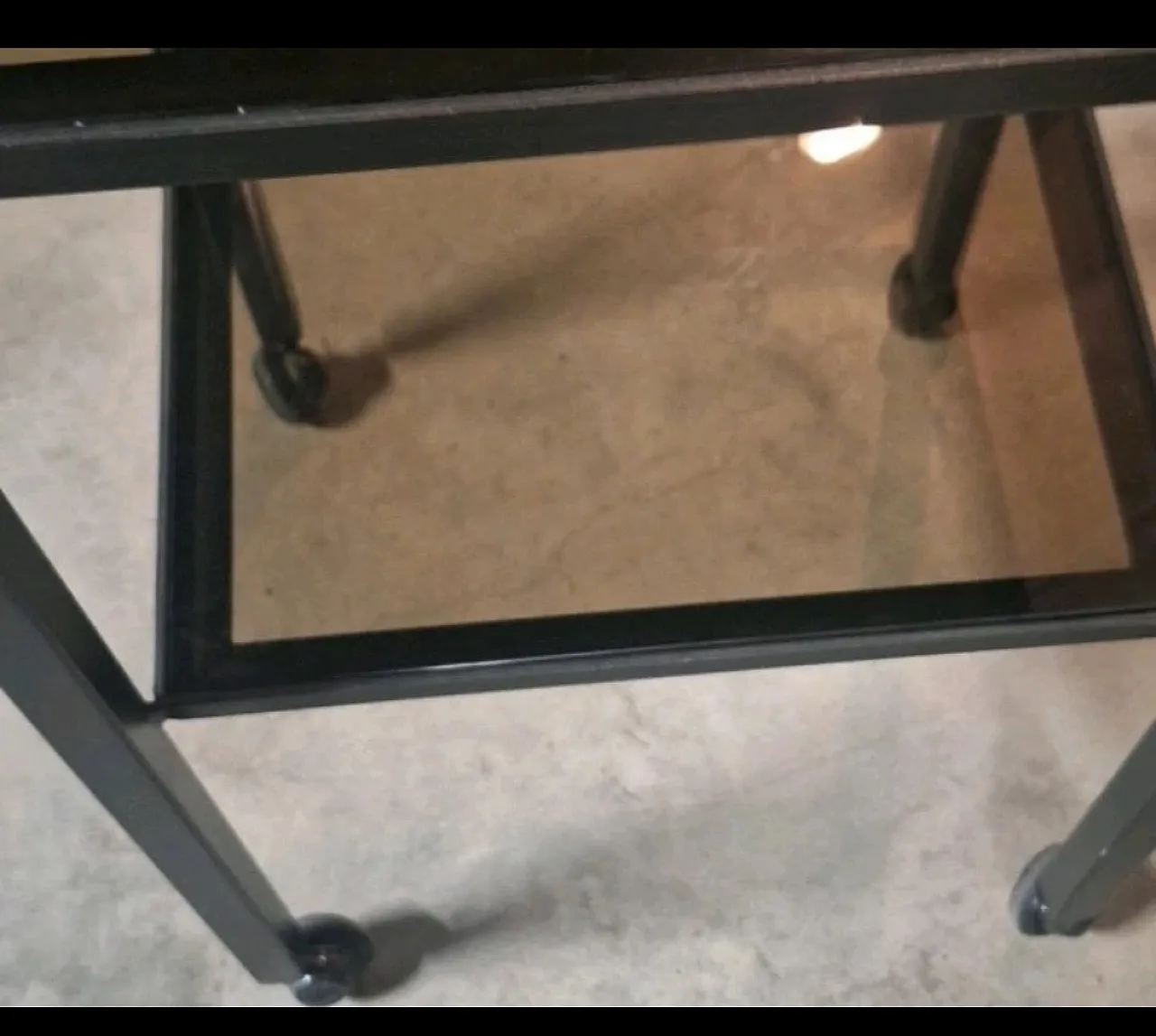 Carrello metallo doppio piano quadrato vetro 1cm con rotelle, anni '70 6