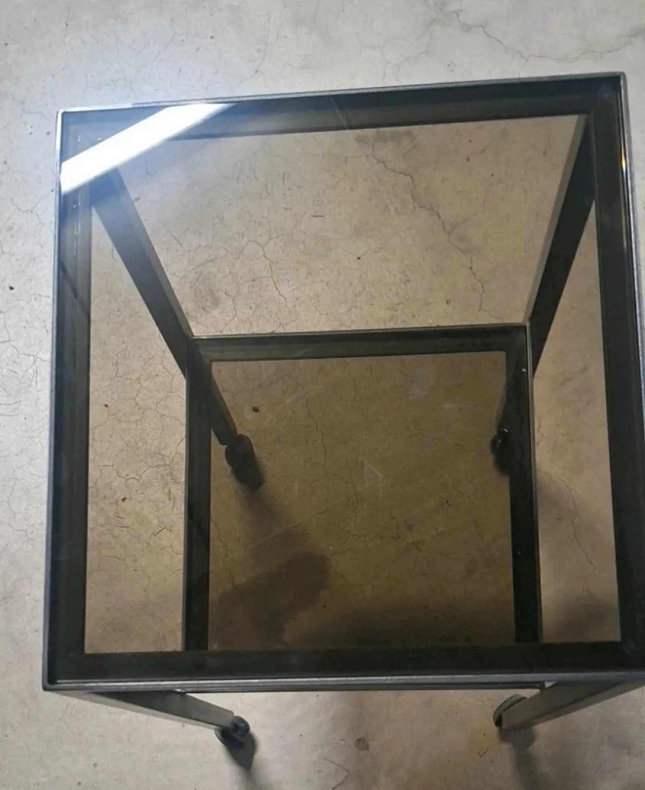 Carrello metallo doppio piano quadrato vetro 1cm con rotelle, anni '70 11