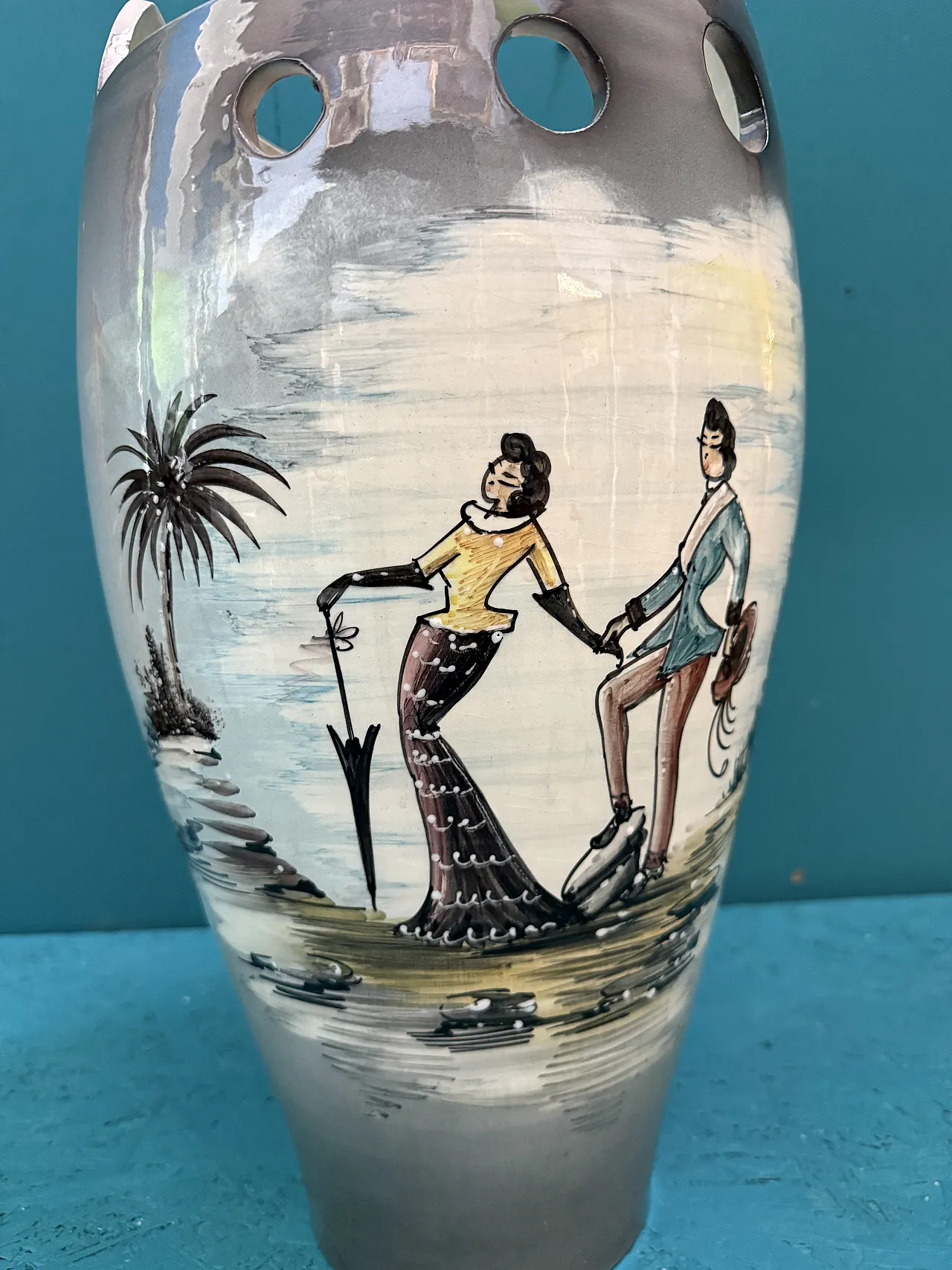 Painted ceramic umbrella stand vase, 1950s 2