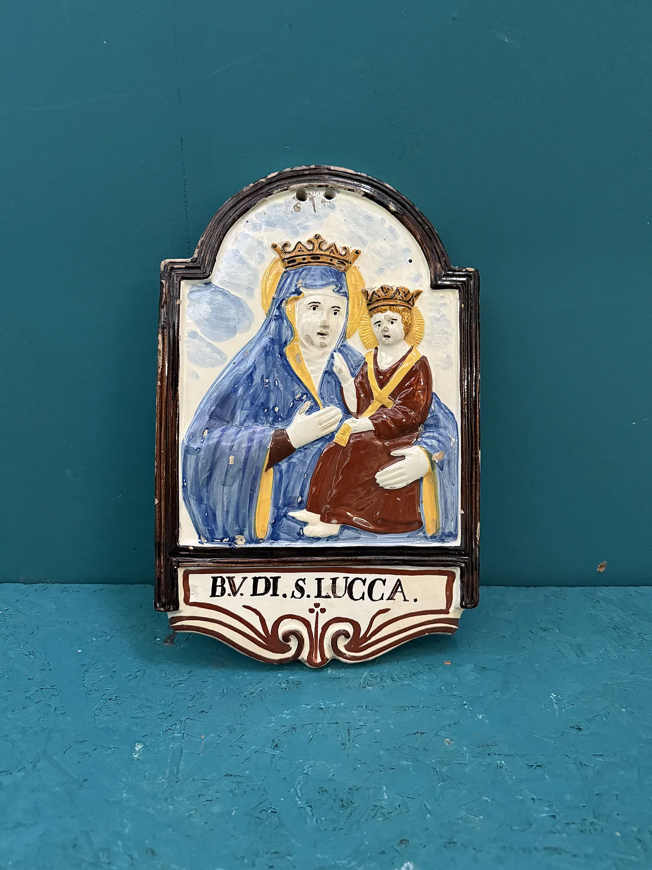 Targa devozionale in maiolica raffigura la Beata Vergine, ‘800 2