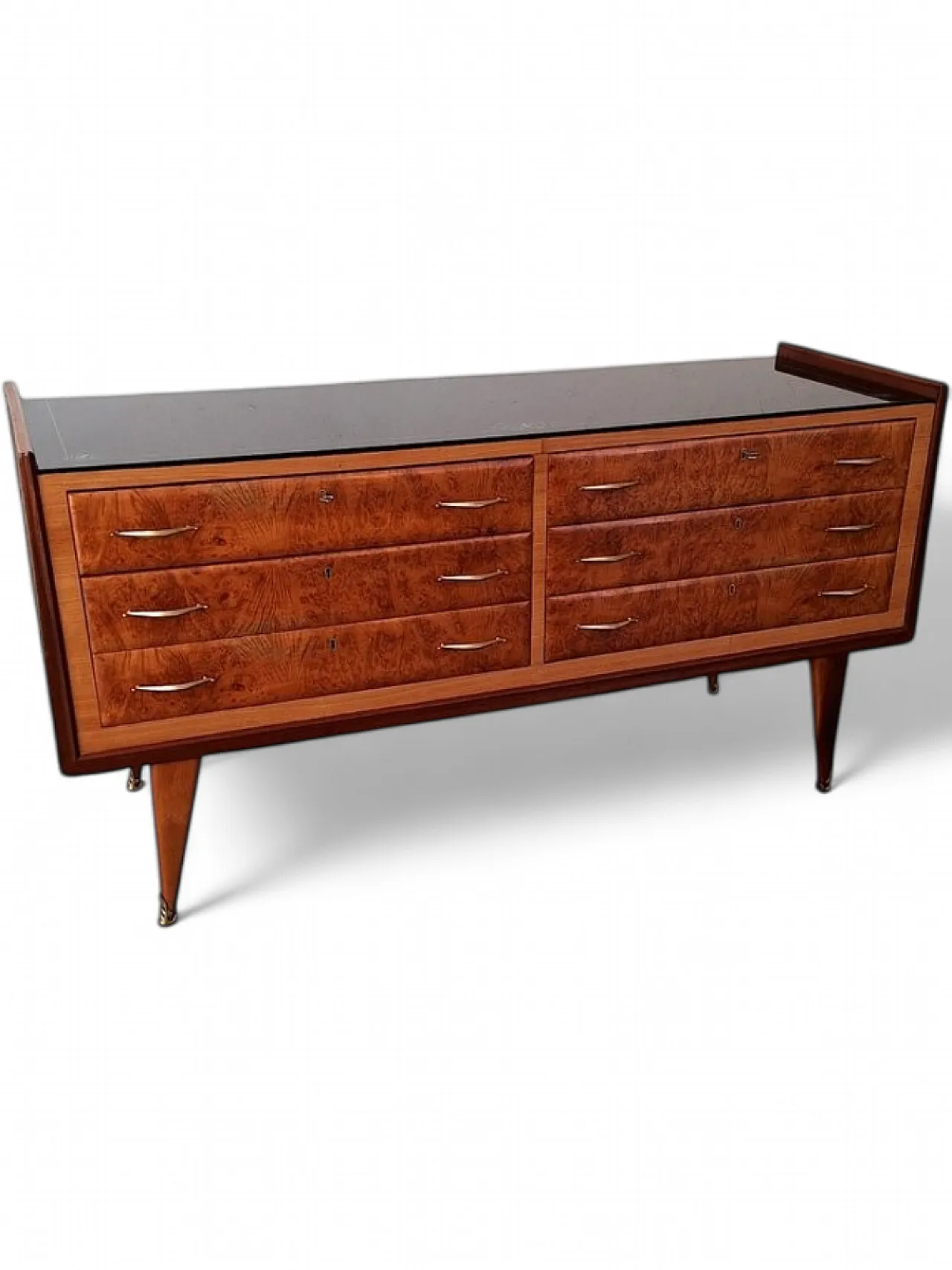 Mid-Century chest of drawers in wood, glass and brass, 1950s 7