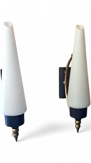 Pair of opaline glass and brass wall lamps from Stilnovo, 1950s