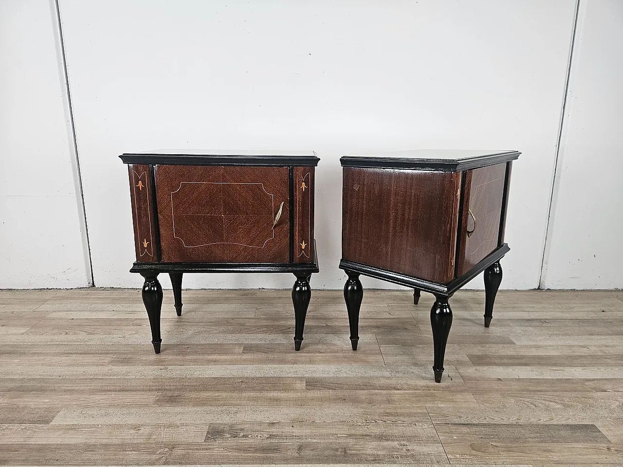 1960s mahogany burl bedside tables with glass top 2