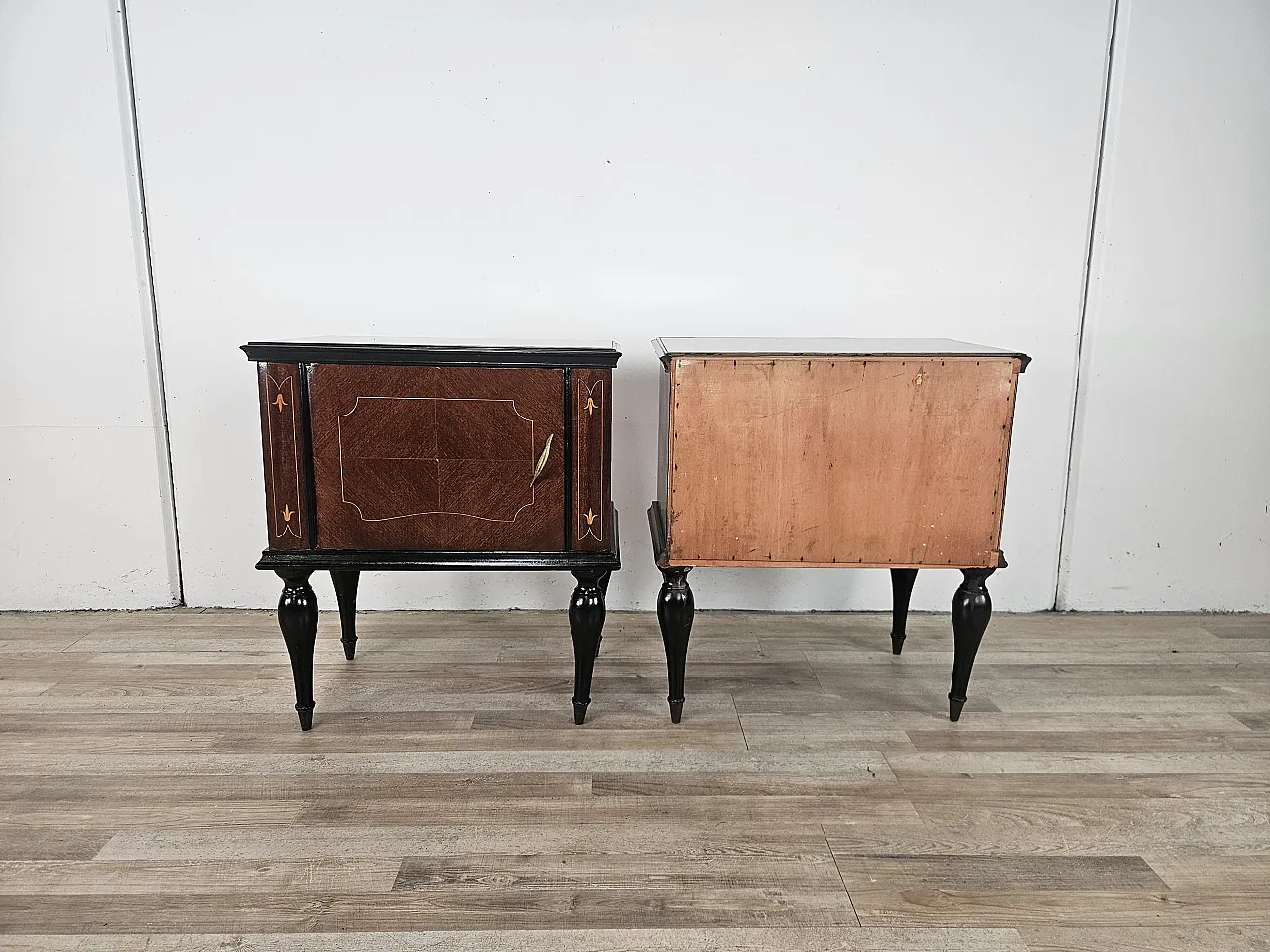 1960s mahogany burl bedside tables with glass top 3