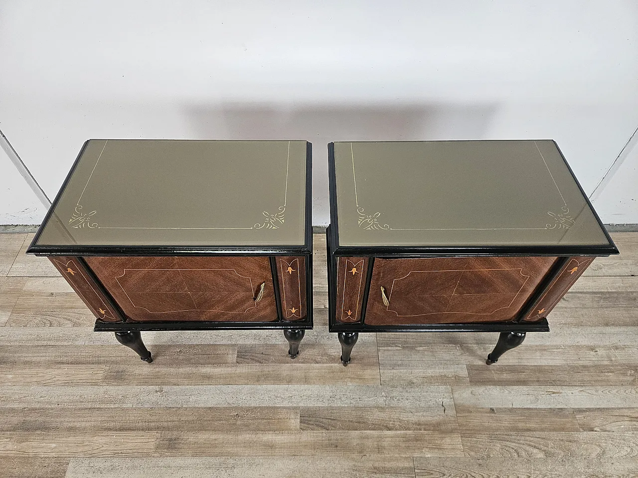 1960s mahogany burl bedside tables with glass top 5