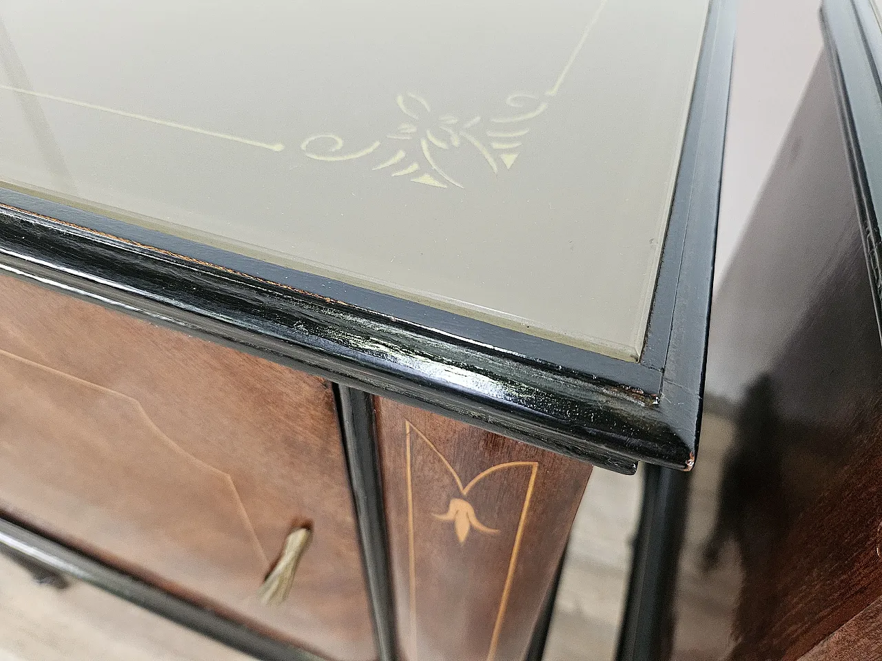 1960s mahogany burl bedside tables with glass top 8
