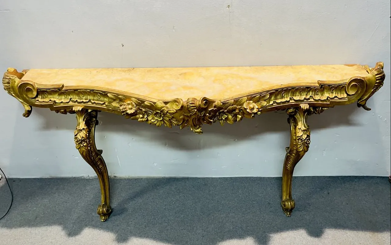 Baroque gilded console table with royal yellow marble top, 18th century 1