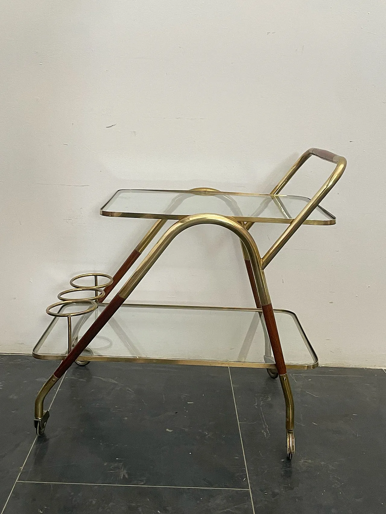 Brass and Wood Bar Trolley by Cesare Lacca, 1950s 1
