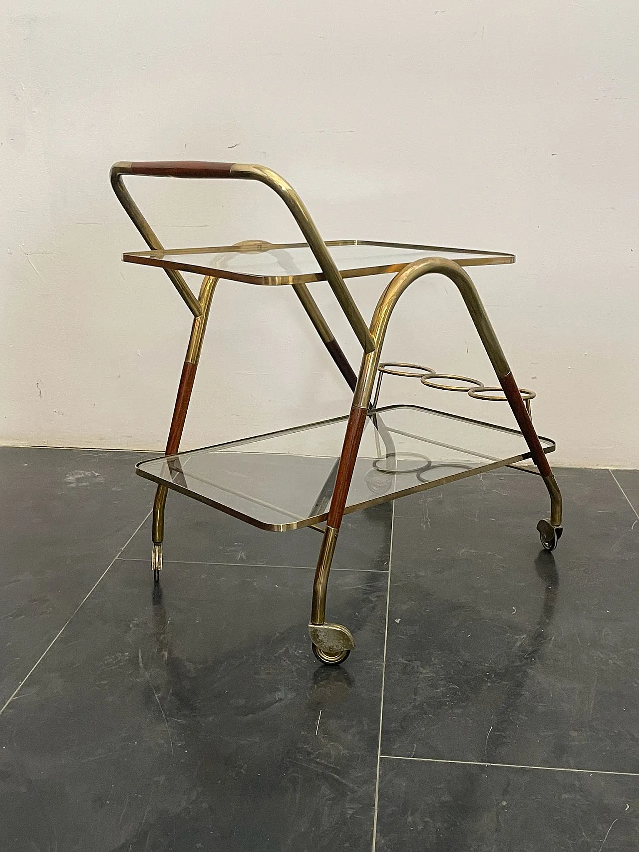 Brass and Wood Bar Trolley by Cesare Lacca, 1950s 3