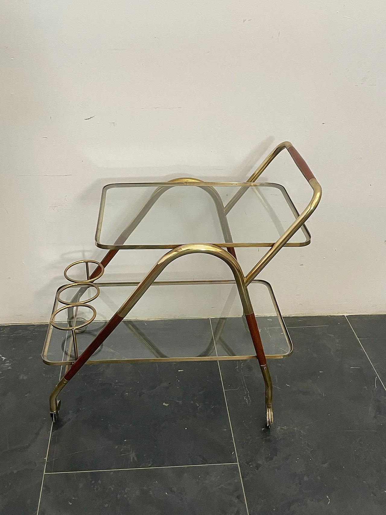 Brass and Wood Bar Trolley by Cesare Lacca, 1950s 5