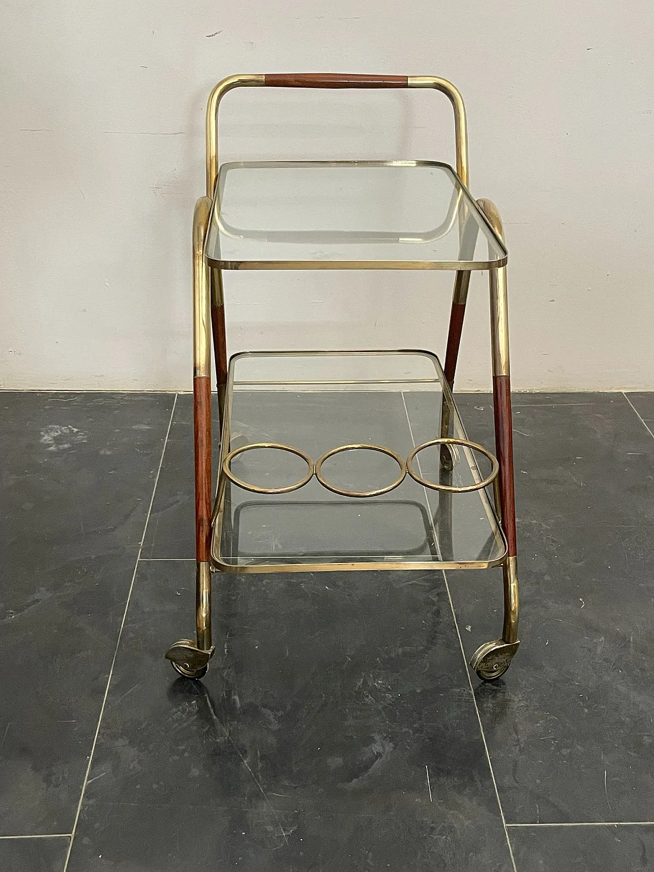 Brass and Wood Bar Trolley by Cesare Lacca, 1950s 6