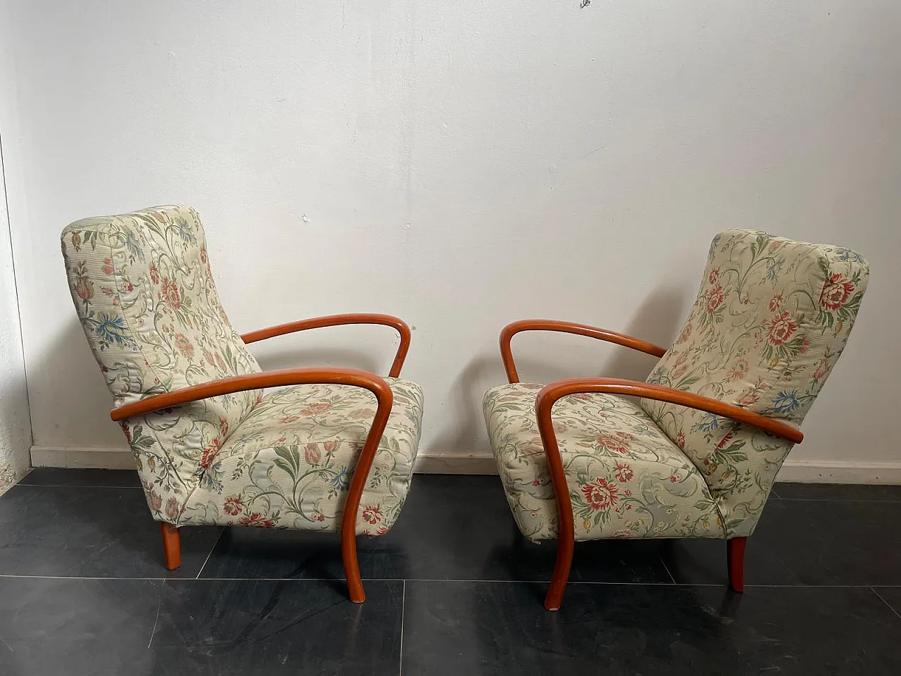 Pair of Italian Lounge Chairs in Orange-Stained Beech, 1960s 2