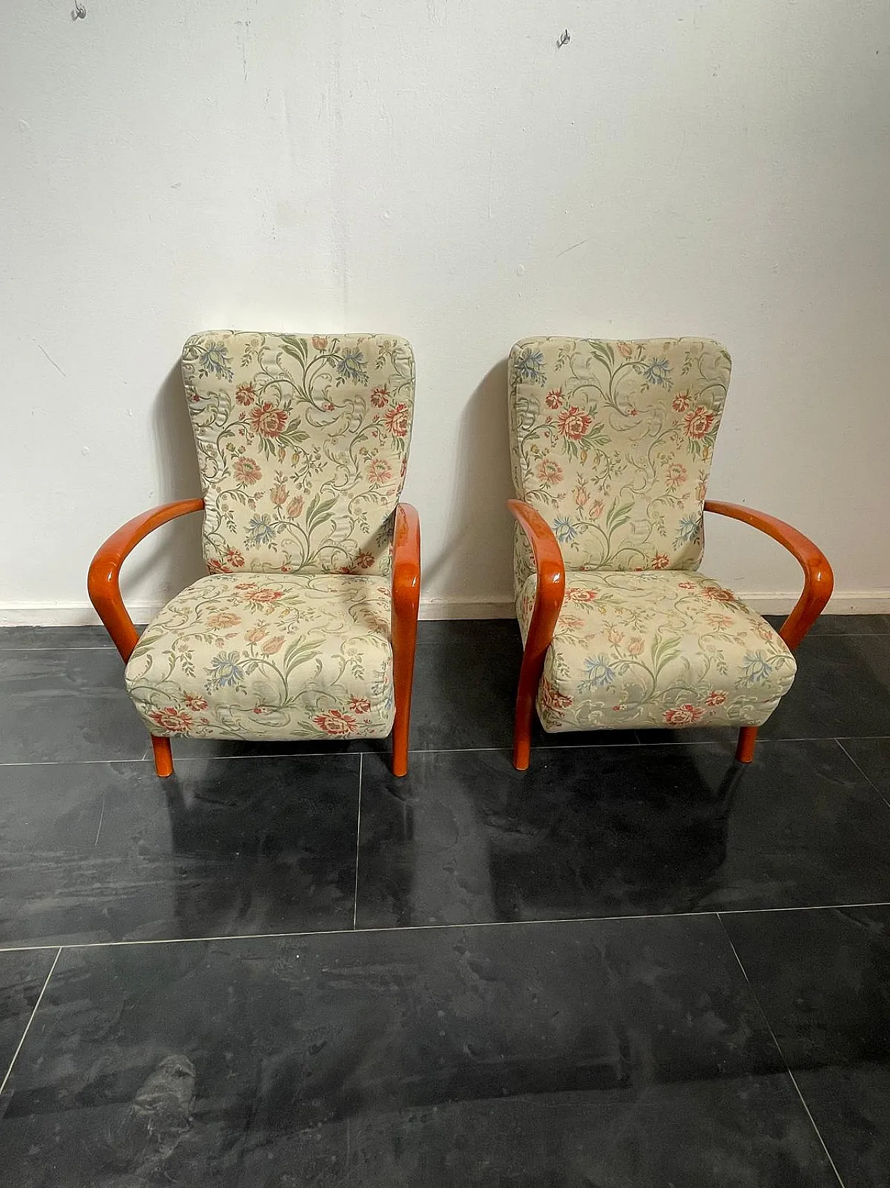 Pair of Italian Lounge Chairs in Orange-Stained Beech, 1960s 5