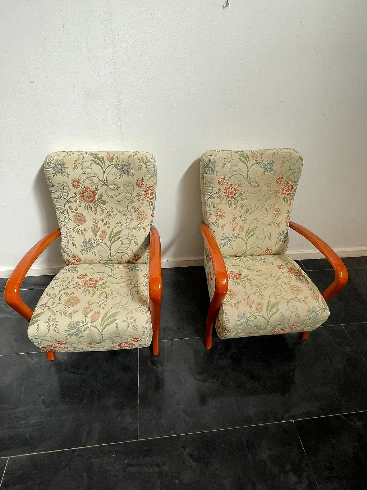 Pair of Italian Lounge Chairs in Orange-Stained Beech, 1960s 6
