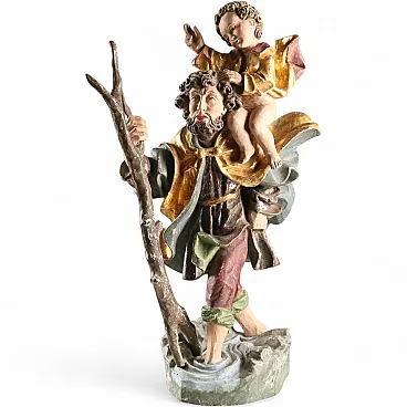 Saint Christopher and Jesus wooden sculpture, 20th century