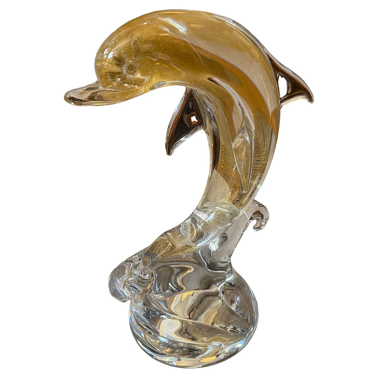 Barovier style modern white and gold Murano glass dolphin, 1990s 1