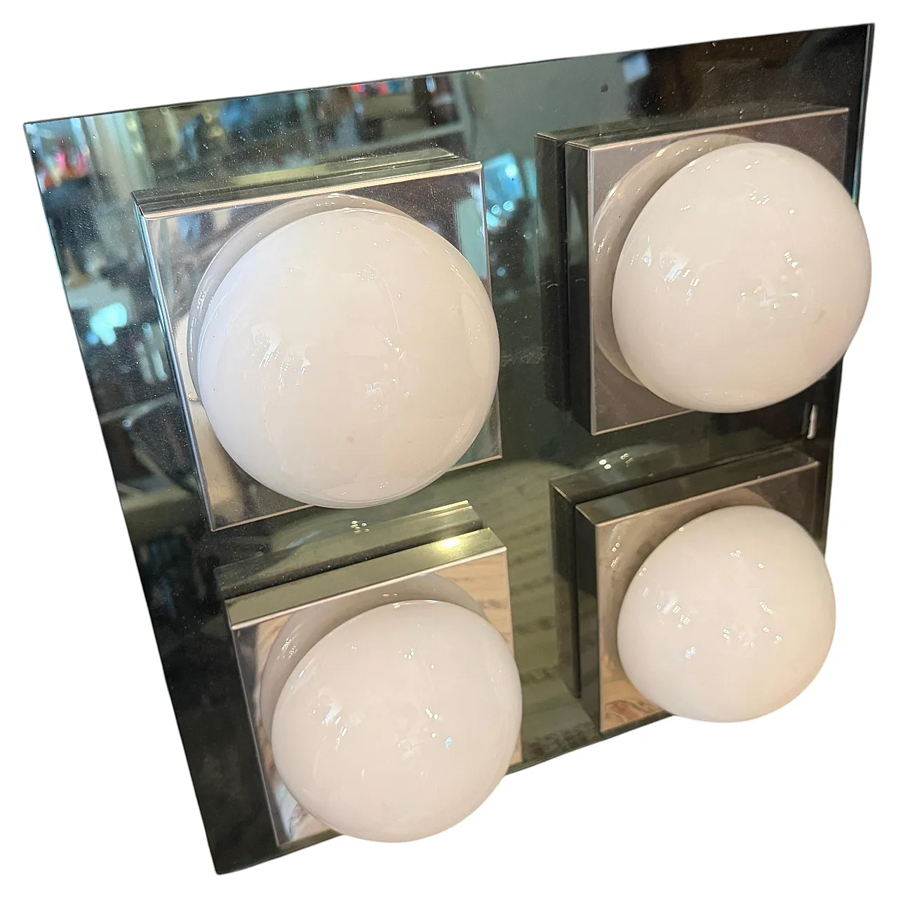 Square chromed metal and glass ceiling light by Veca, 1970s 1