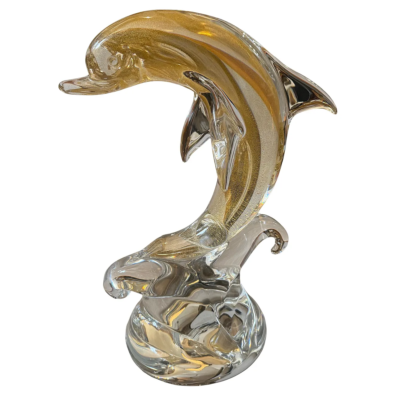 Barovier style modern white and gold Murano glass dolphin, 1990s 2